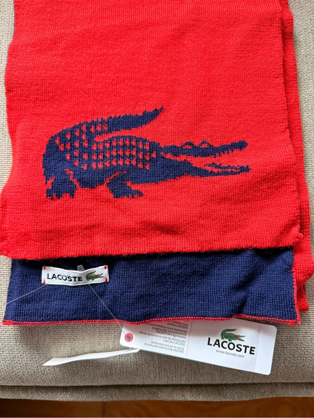 Lacoste Red & Navy Crocodile Knit Wool Scarf